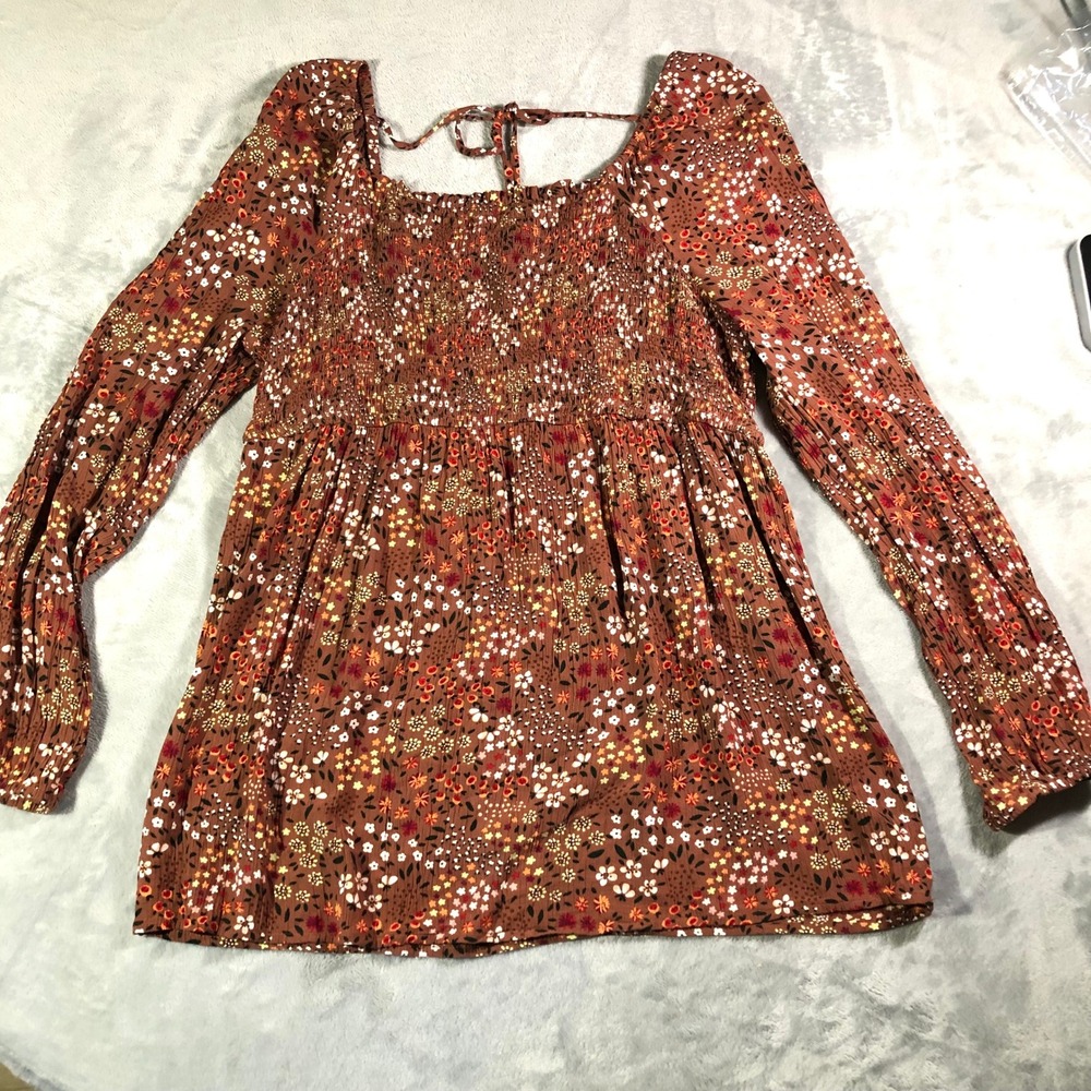 Sonoma Goods For Life Floral Smocked Blouse Maternity‎ M Brown Boho Long Sleeve